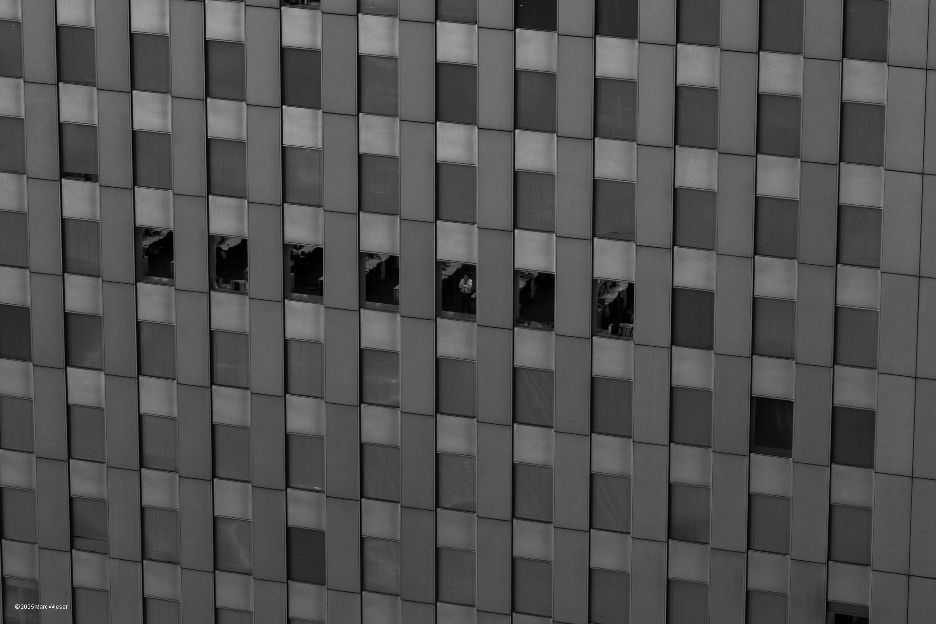 Fenêtre sur Lumon : une photo en noir et blanc d’un salaryman contemplant la vue depuis son bureau