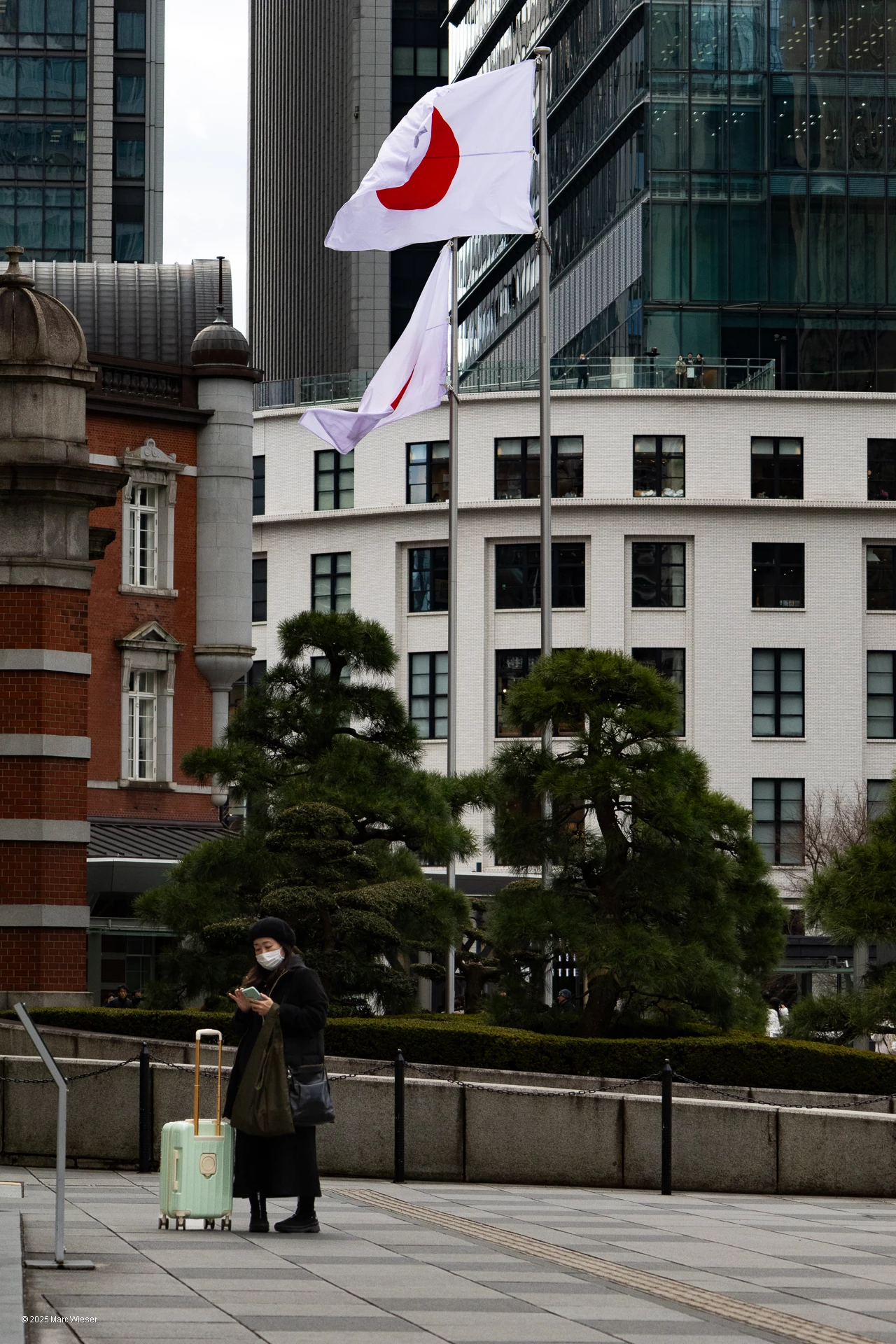 Voyageuse devant le drapeau japonais